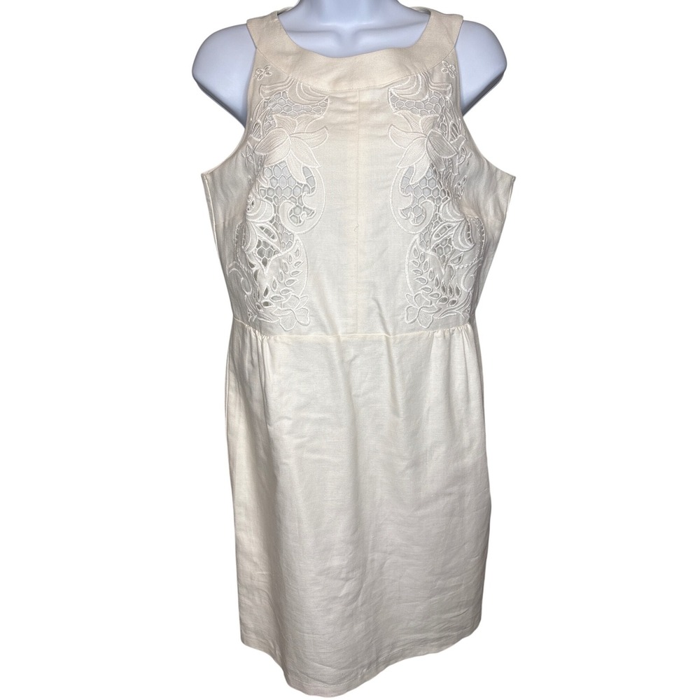 Ann Taylor Loft Womens Cream Linen Blend Embroidered Sheath Dress 6 Classic Chic
